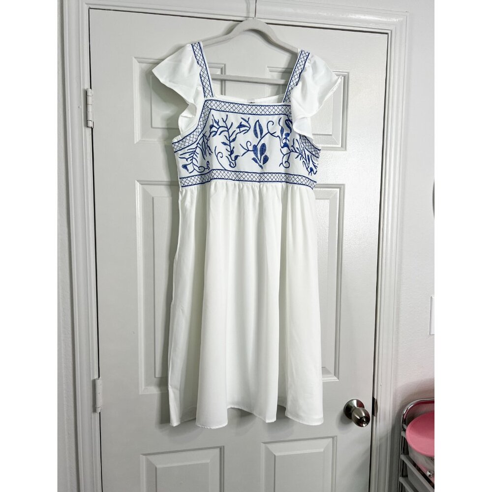 Square Neck Embroidered Dress with Ruffle Sleeves - Picture 4 of 9